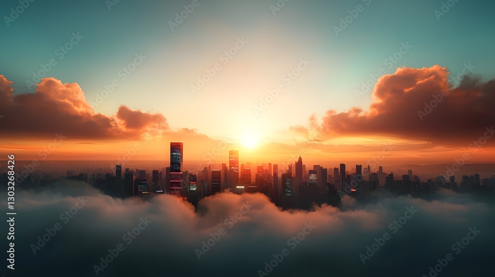 Poster futuristic digital cityscape with cascading data flows and holographic interfaces sweeping panoramic
