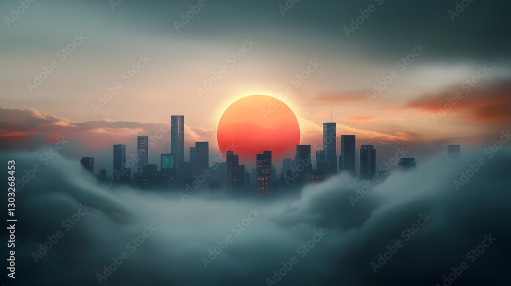 Poster futuristic digital cityscape with cascading data flows and holographic interfaces sweeping panoramic