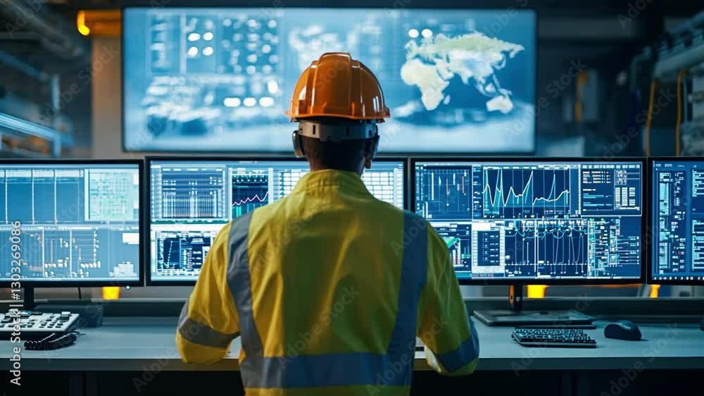 Poster waste data engineer in a control room, supervising real-time analytics on multiple monitors,