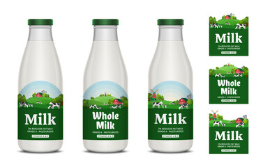 Milk labels with farm, cows and calves. Milk glass bottles with labels. Vector illustration