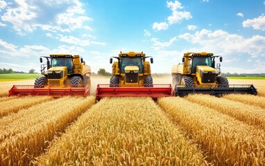 Obraz premium Three yellow combine harvesters working in sync to harvest a golden wheat field under a bright blue sky with fluffy clouds