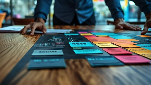 Strategic Vision Unveiled: A meticulous business strategy unfolds on a table, showcasing vibrant color-coded elements as hands delve into the planning process.