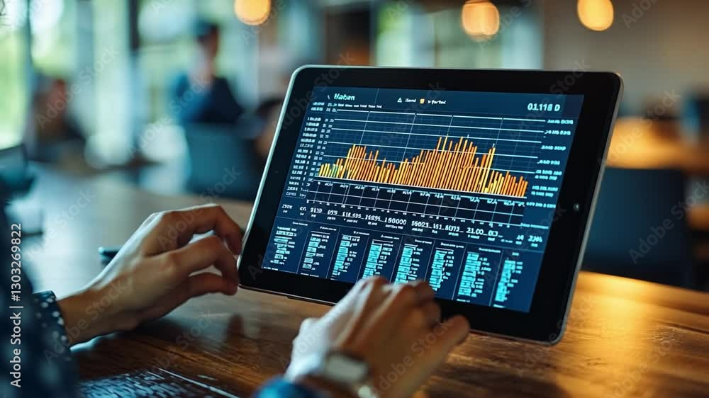Poster business analytics: a person analyzing business data with tablet. the image show the dynamic of the 