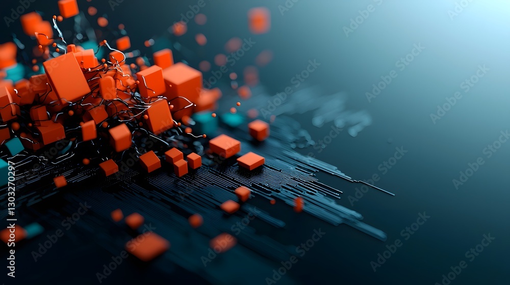Poster flowing digital data streams and pulsing geometric shapes within an technological environment dynami