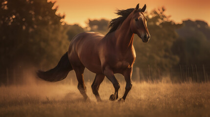 Obraz premium horse-running-field-sunset