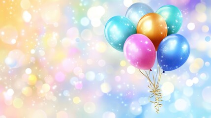 Colorful balloons celebration, festive background with bokeh lights and party vibe