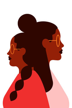Colorful vector illustration of two black women silhouettes with glasses, stylized with rich brown hair and vibrant red clothing, portrait featuring overlapping feminine figures. Woman's Day, unity