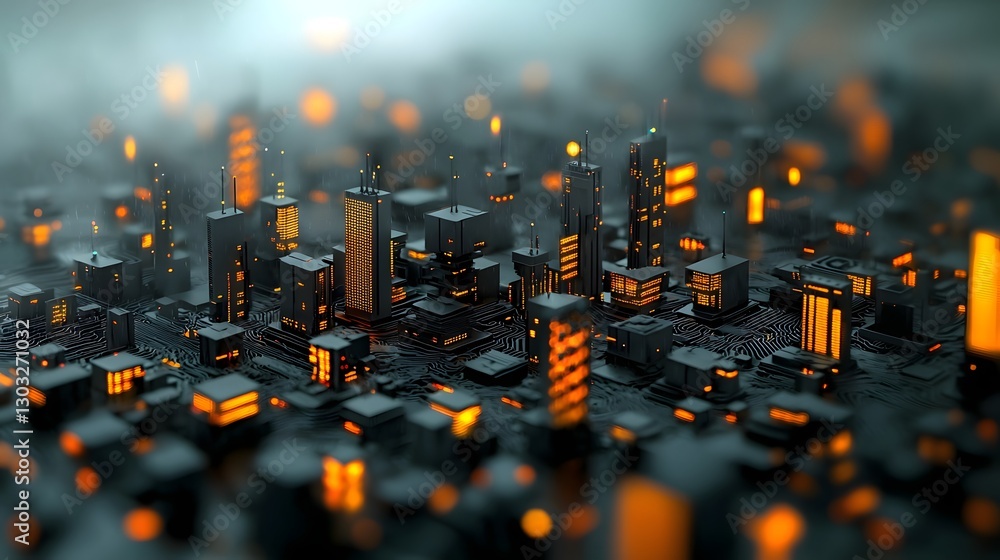 Poster expansive futuristic digital cityscape with interlinking architectural forms shimmering data matrice