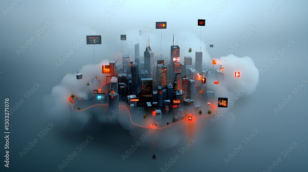 Poster expansive futuristic digital cityscape featuring interlinking architectural forms shimmering data ma