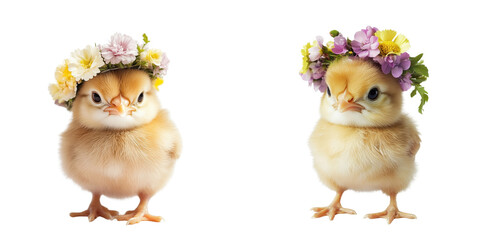 Charming chicks with flower crowns studio animal photography bright close-up
