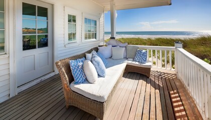 modern beach hamptons veranda porch sofa pillows in coastal white paint natural chic luxury boho balcony summer house resort vibes real estate patio campaign contemporary cape cod home outdoor living