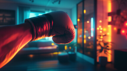 Boxing glove in a boxing gym with colorful lighting