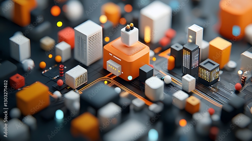 Poster expansive digital cityscape with interlinking architectural forms shimmering data matrices neon illu