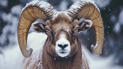 Majestic snow-covered bighorn sheep portrait.