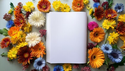 mockup magazine mockup with blank pages surrounded by colorful flowers creativity