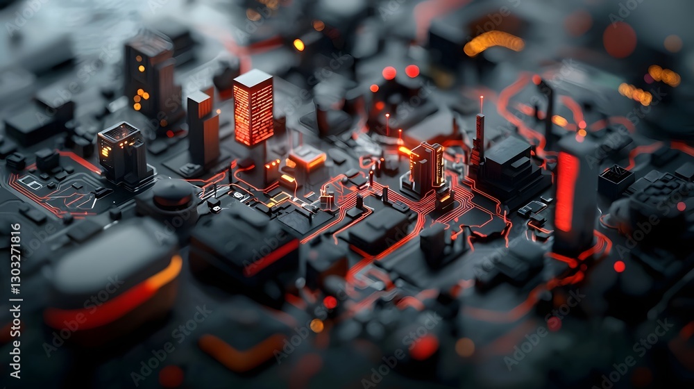 Poster expansive digital cityscape featuring interlinking architectural structures shimmering data matrices