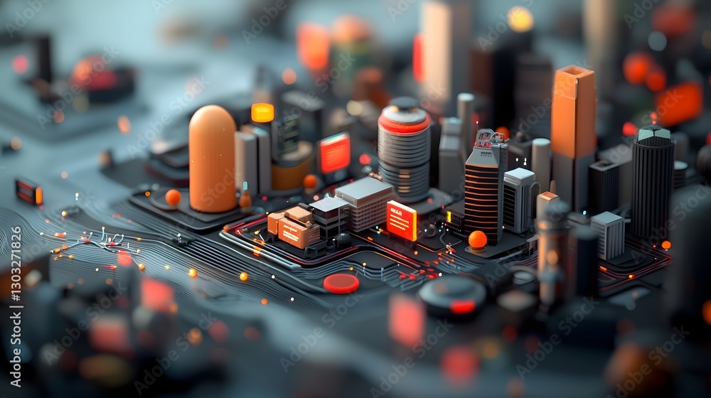 Poster expansive digital cityscape featuring interlinking architectural forms shimmering data matrices neon