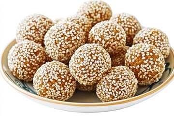 Spherical sesame-coated snacks, golden brown balls, traditional Middle Eastern sweets, ceramic plate, round desserts, close-up food photography, textured surface, beige and white colors, appetizing tr