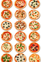 Köstliche Auswahl an verschiedenen Pizzen auf hellem Hintergrund

