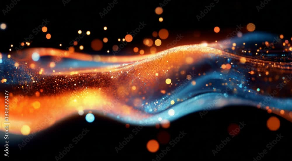 Poster a mesmerizing abstract wave featuring glowing particles in vibrant orange and blue hues, creating a 