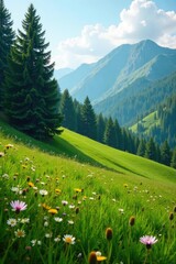 Fototapeta premium Lush green meadow with wildflowers gradually giving way to towering coniferous trees on a hill, woodland, foliage