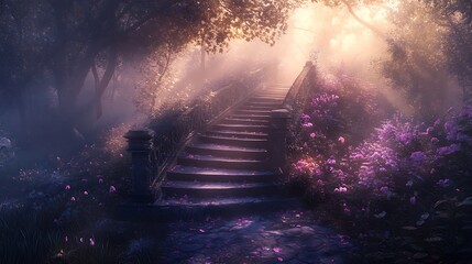 Sunlit stone stairs in misty floral garden