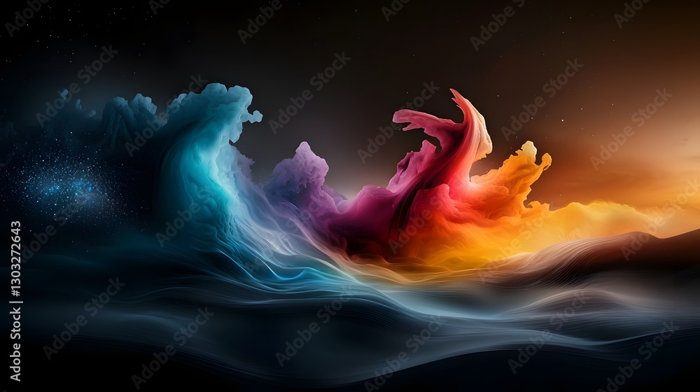 Poster ethereal algorithmic abstract landscape with luminous prismatic formations iridescent crystalline st