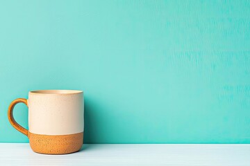 A minimalist mug with a glossy finish, placed against a vibrant turquoise background, perfect for showcasing beverage or kitchen aesthetics.