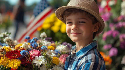 A young boy wearing a straw hat is holding a bouquet of flowers