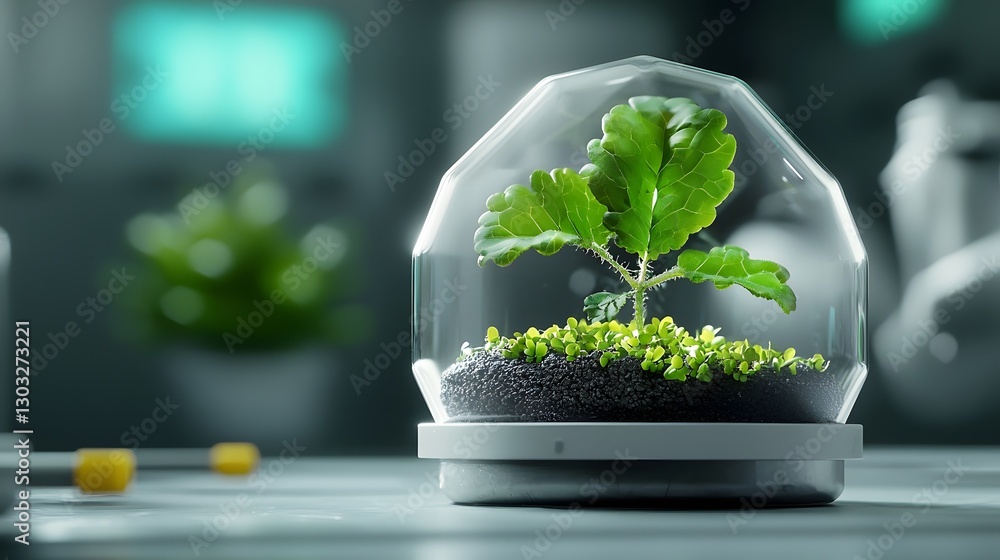 Poster engineered plant based nanomaterials with intricate molecular structures in a sleek futuristic labor