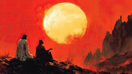 illustration of a silhouette of devil tempting jesus in the mountains