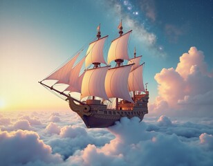  Generated image of a majestic ship sailing through a star-filled, cloud-covered sky.