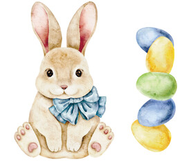 charming watercolor vector illustration featuring a cute brown bunny with a bow, surrounded by colorful Easter eggs and blooming flowers, capturing the essence of spring and celebration