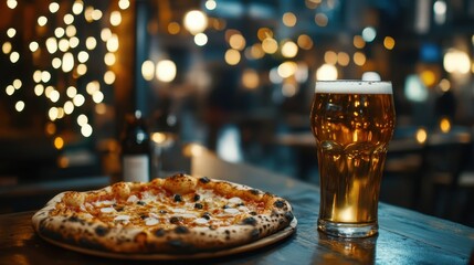 Rustic pizza and light beer on bar, perfect evening pairing, food time