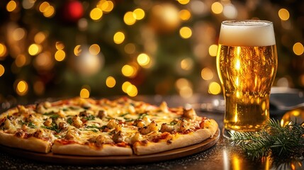 Delicious pizza and light beer pairing, festive mood, celebration vibes, food