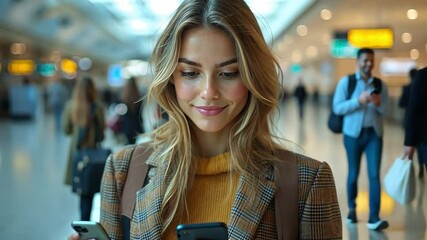 Connected Traveler: A stylish woman engrossed in her smartphones, seamlessly blending modern connectivity with the hustle and bustle of travel, captured in a dynamic, real-world airport setting.