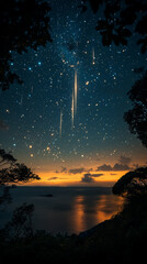 Naklejka premium Golden shooting stars trailing across a dark night sky, elegant and mesmerizing, ultra-HD, 8k generative AI