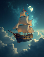  Generated image of a majestic ship sailing through a star-filled, cloud-covered sky.