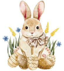charming watercolor vector illustration featuring a cute brown bunny with a bow, surrounded by colorful Easter eggs and blooming flowers, capturing the essence of spring and celebration