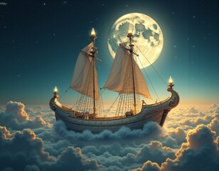  Generated image of a majestic ship sailing through a star-filled, cloud-covered sky.