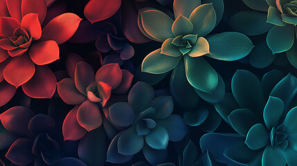 Leaves of multi-colored succulents in different shades of green, red and blue create an intricate pattern. Bright colors and detailed plant textures.