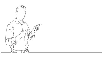 Continuous line drawing showcasing a confident man pointing to the side
