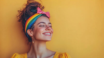 Naklejka premium A woman with a rainbow headband is smiling
