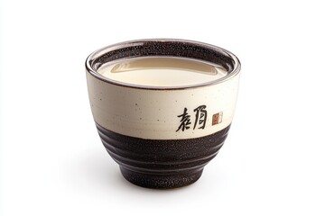 ceramic cup, traditional Asian design, brown and white colors, Japanese calligraphy, steaming liquid, tea ceremony, rustic texture, minimalist aesthetic, handcrafted pottery, earthy tones, closeup pho