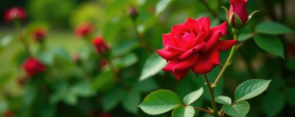 Red rose bush with thorny stems and lush green leaves, flowers, garden