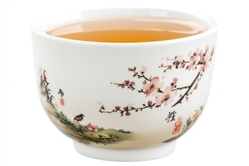 Delicate porcelain teacup, cherry blossom branch painting, traditional Asian art style, translucent tea, soft lighting, pastel colors, minimalist composition, intricate floral design, serene atmospher