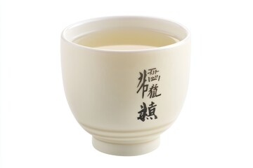 Ceramic tea cup, Japanese calligraphy, White porcelain, Minimalist design, Traditional Asian pottery, Zen aesthetic, Handcrafted teaware, Matte finish, Subtle texture, Pale cream color, Simple eleganc