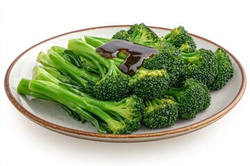 Green vegetables, ceramic plate, broccoli, Chinese broccoli, purple basil leaves, healthy food, fresh produce, steamed vegetables, nutritious meal, vibrant colors, minimalist presentation, white backg