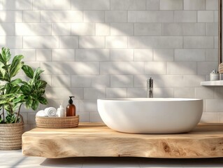 Fototapeta premium Elegant bathroom with modern freestanding tub and natural decor in bright setting