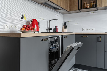 built-in dishwasher in modern minimalist kitchen in calm neutral shades. Modern minimalist kitchen...
